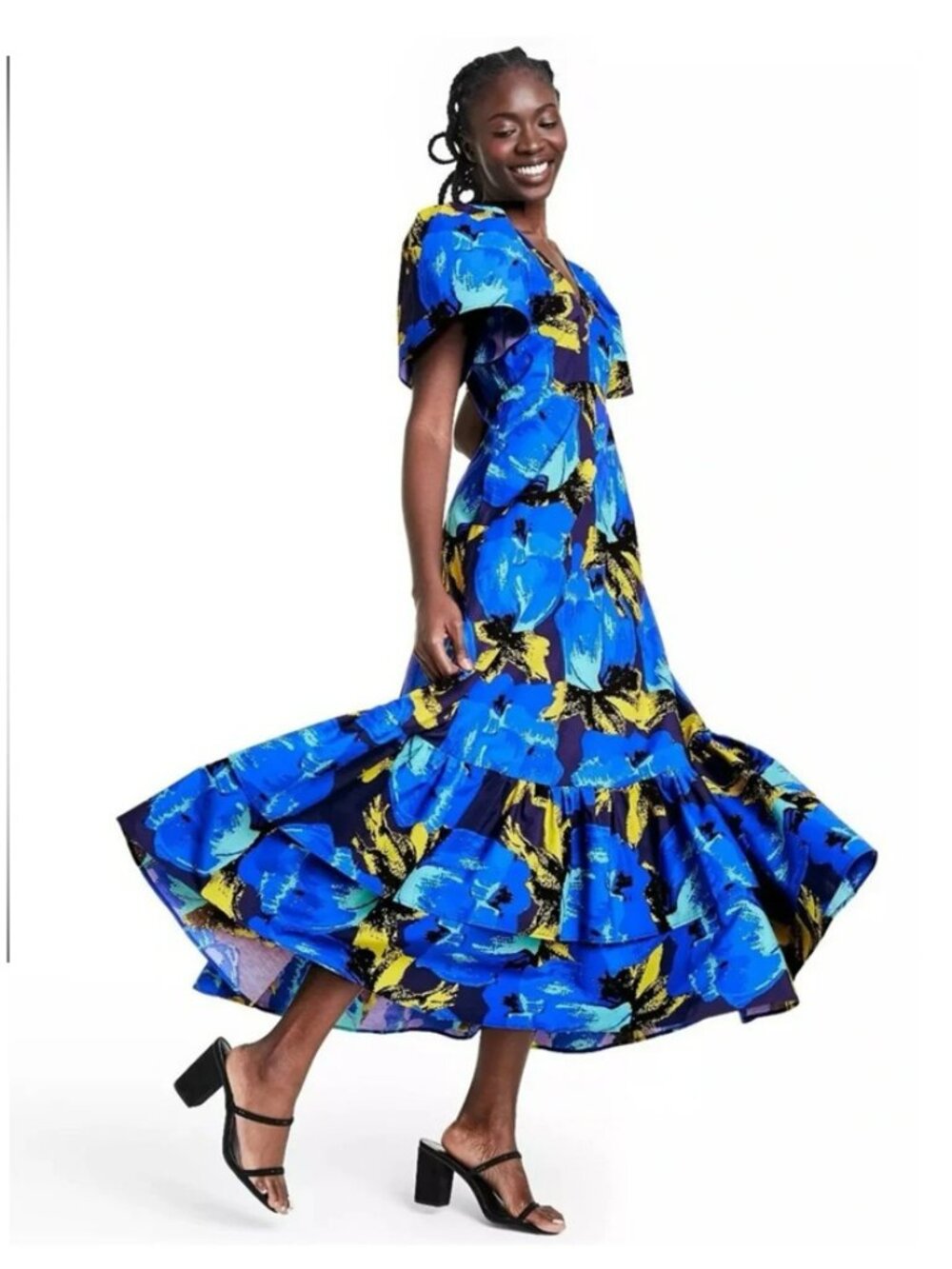 Christopher John Rogers x Target Blue Floral Tiered Puff Sleeve Maxi Dress Sz 6